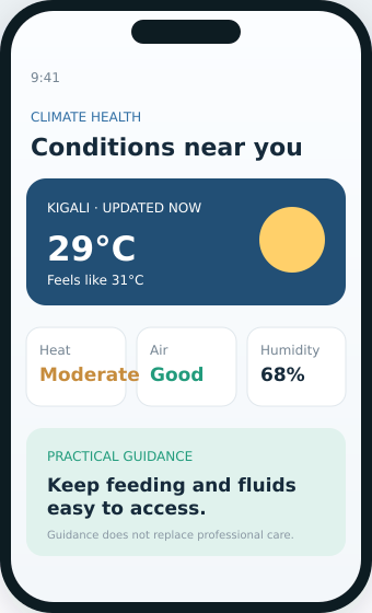 CHIP-EC climate health conditions screen showing temperature, heat index, air quality and practical guidance